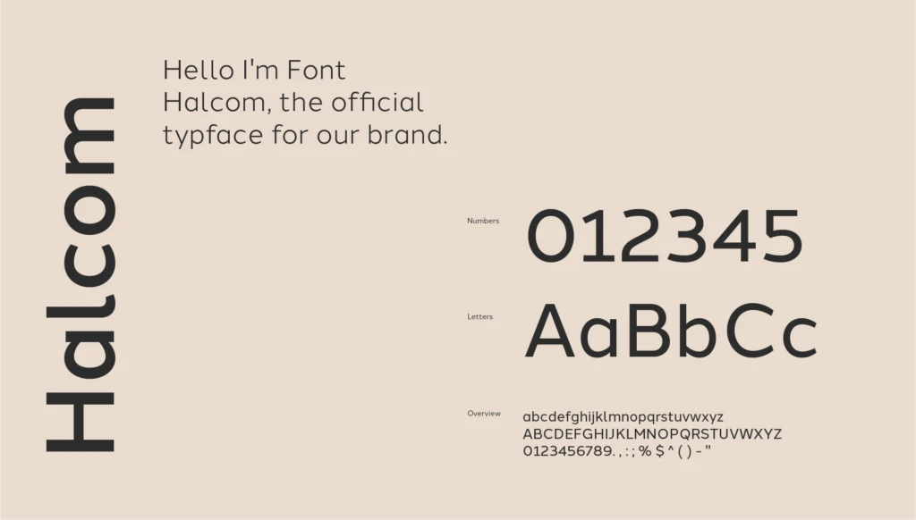 Gaiapolis brand identity: Halcom typeface specimen with numbers and letters on beige, by We Craft Studio