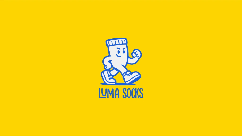 Luma Socks brand identity: walking sock mascot and logo on a yellow background, by We Craft Studio