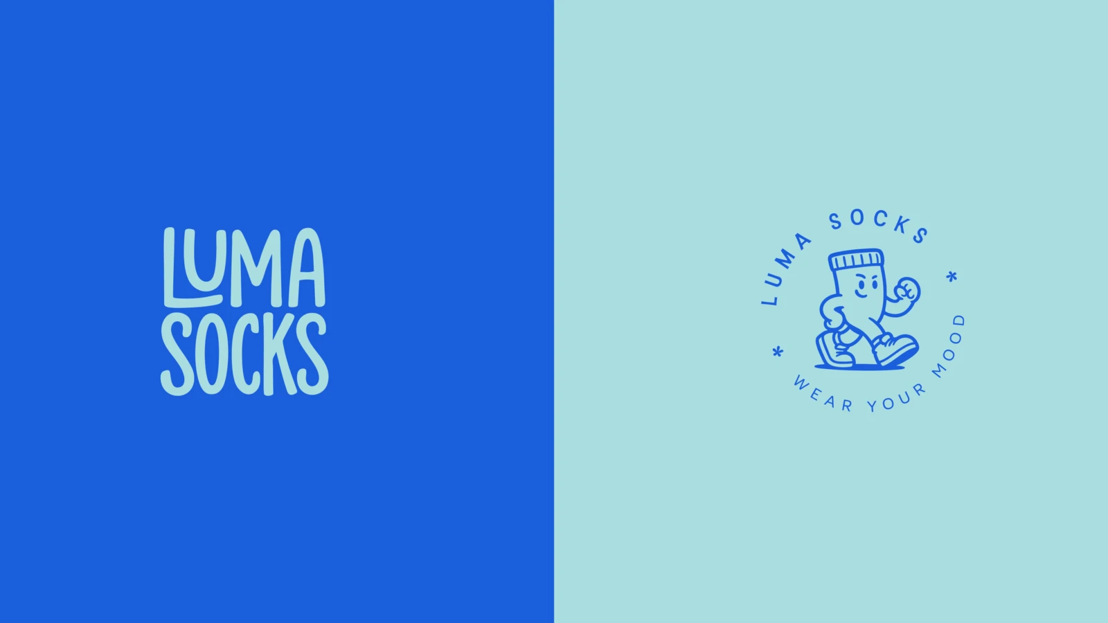 Luma Socks brand identity: stacked wordmark on blue and circular mascot badge on aqua, by We Craft Studio