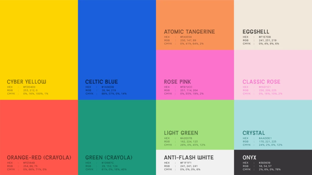 Luma Socks brand identity: color palette with names, HEX, RGB and CMYK values, by We Craft Studio