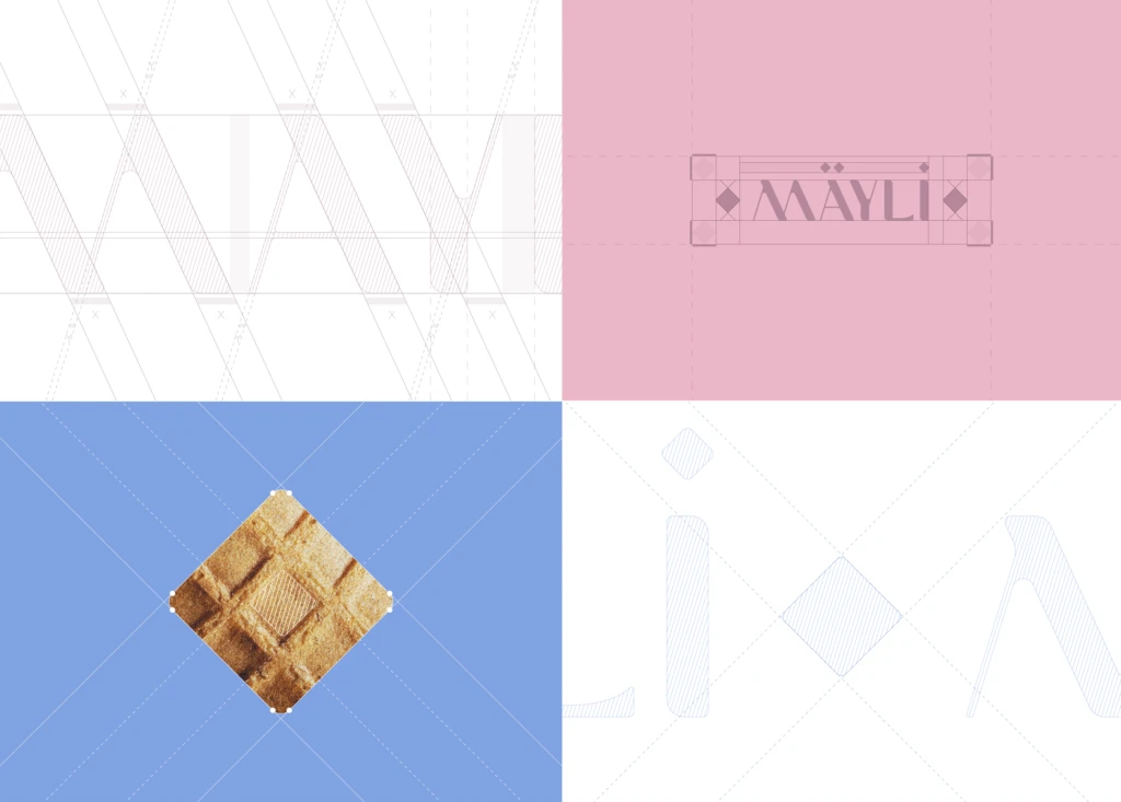 Mäyli visual identity: four panels of logo guides on white, pink and blue, one with a waffle texture, by We Craft Studio