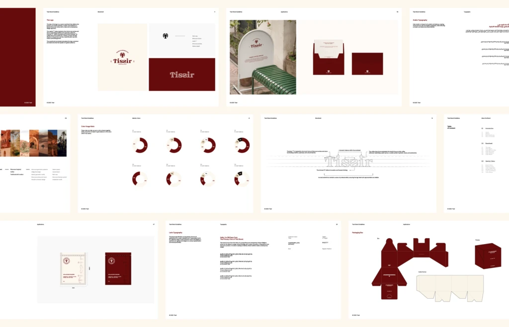 Tissir brand identity and packaging: guideline pages with logo, colors, typography and box dieline, by We Craft Studio